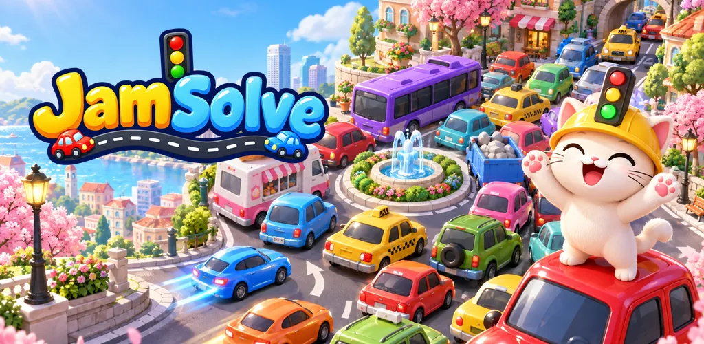 Key art: the cat coach cheers on a red toy car while a colourful traffic jam crowds a sunny roundabout