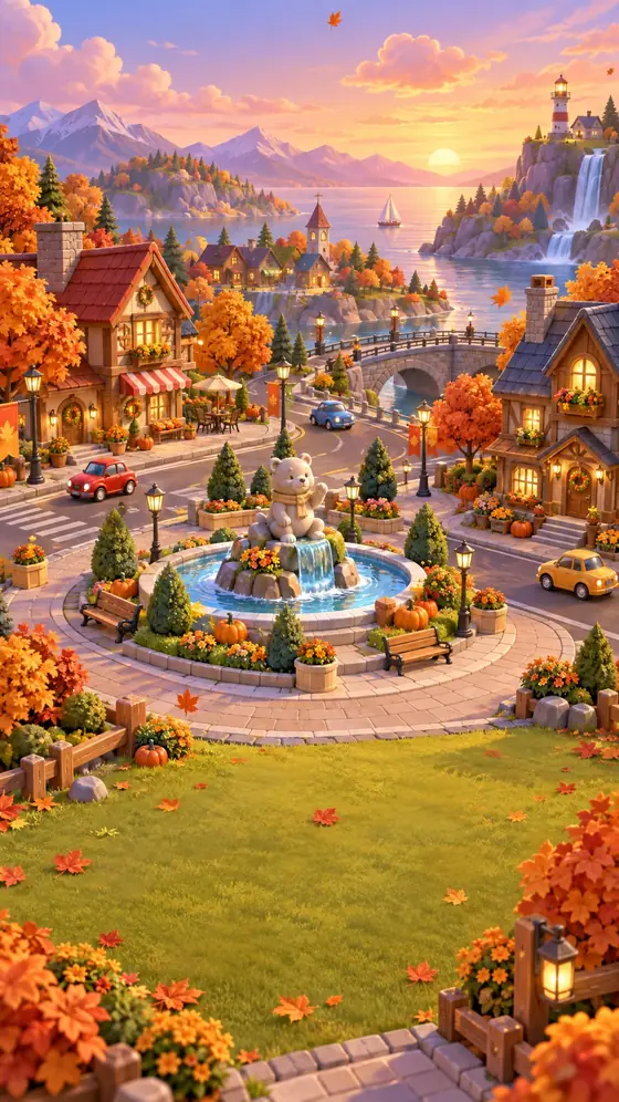 Rush Hour: an autumn village with orange maples at sunset