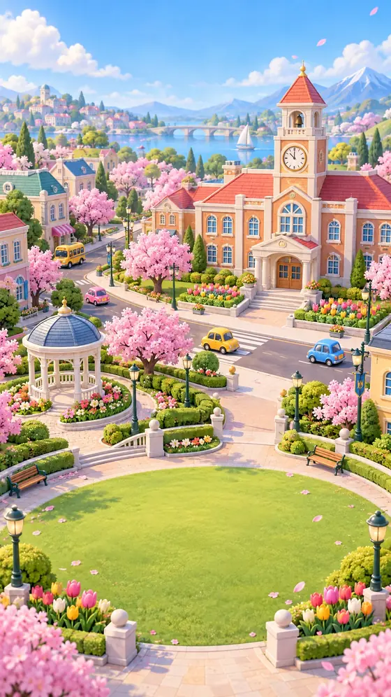 Pedestrian Zone: pink cherry blossoms, a school with a clock tower and a gazebo