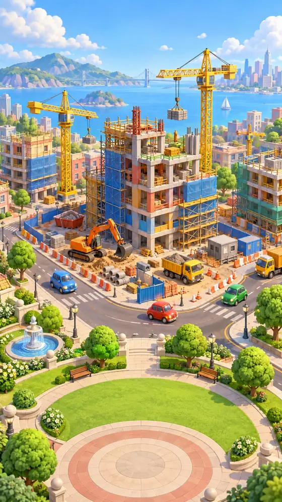 Construction Zone: cranes, excavators and half-built towers