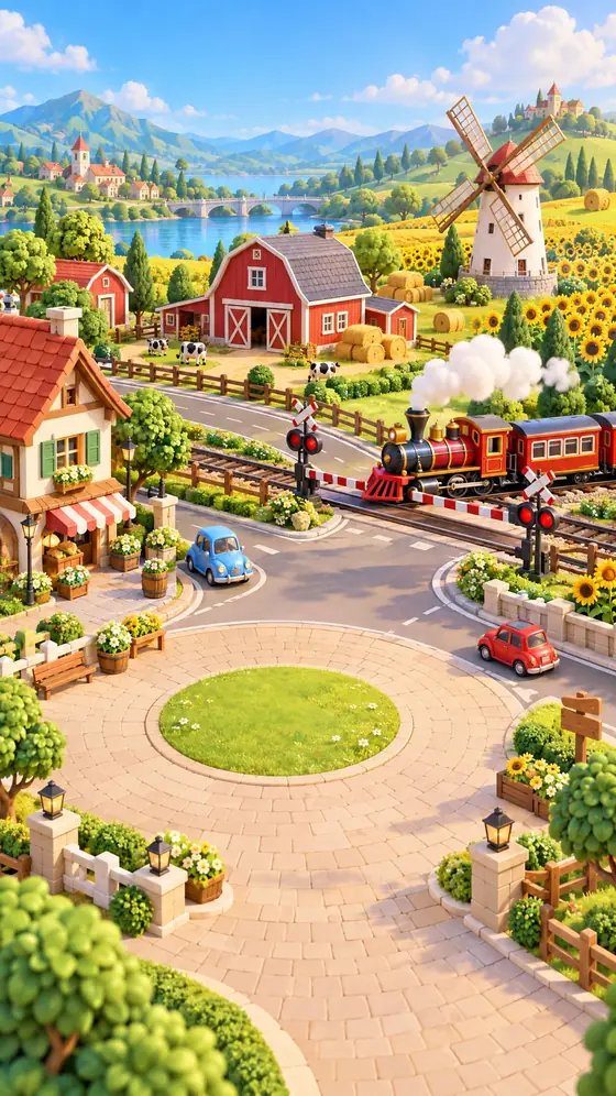 Railway Crossing: red barn, windmill and a steam train crossing the road