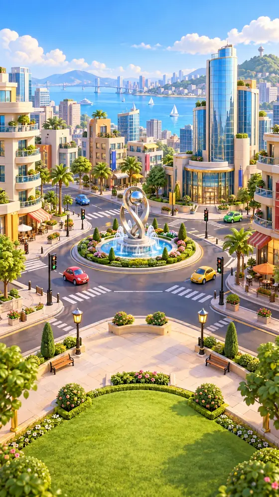 Signal District: glass towers around a modern fountain plaza