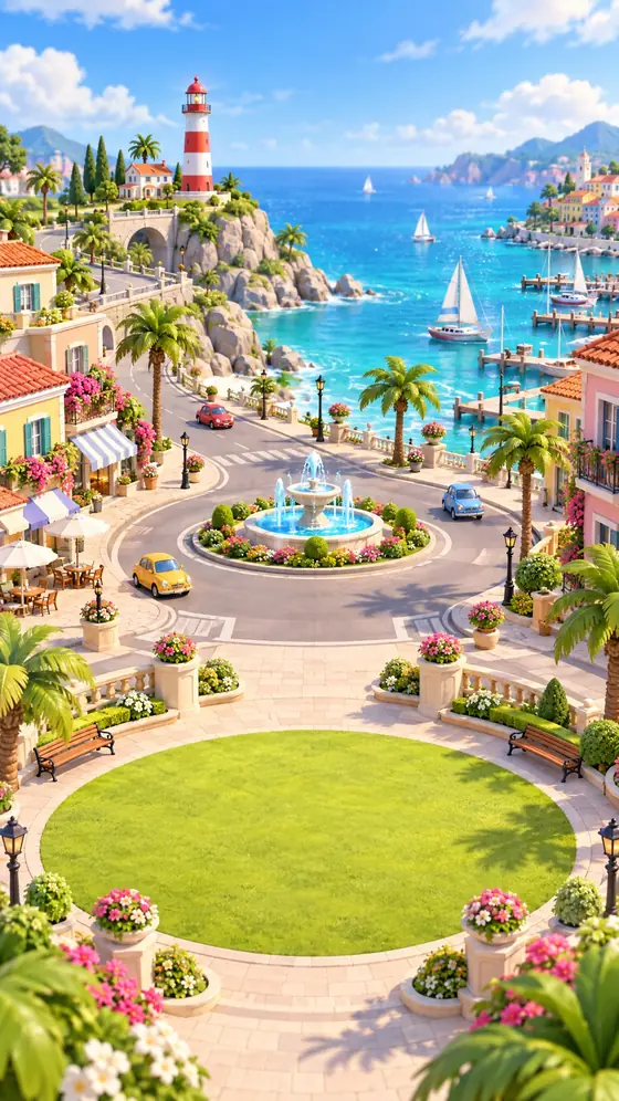 Roundabout City: a seaside town with a lighthouse, palms and a fountain roundabout