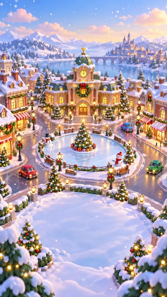 Expert Flow: a snowy town with an ice rink and a Christmas tree