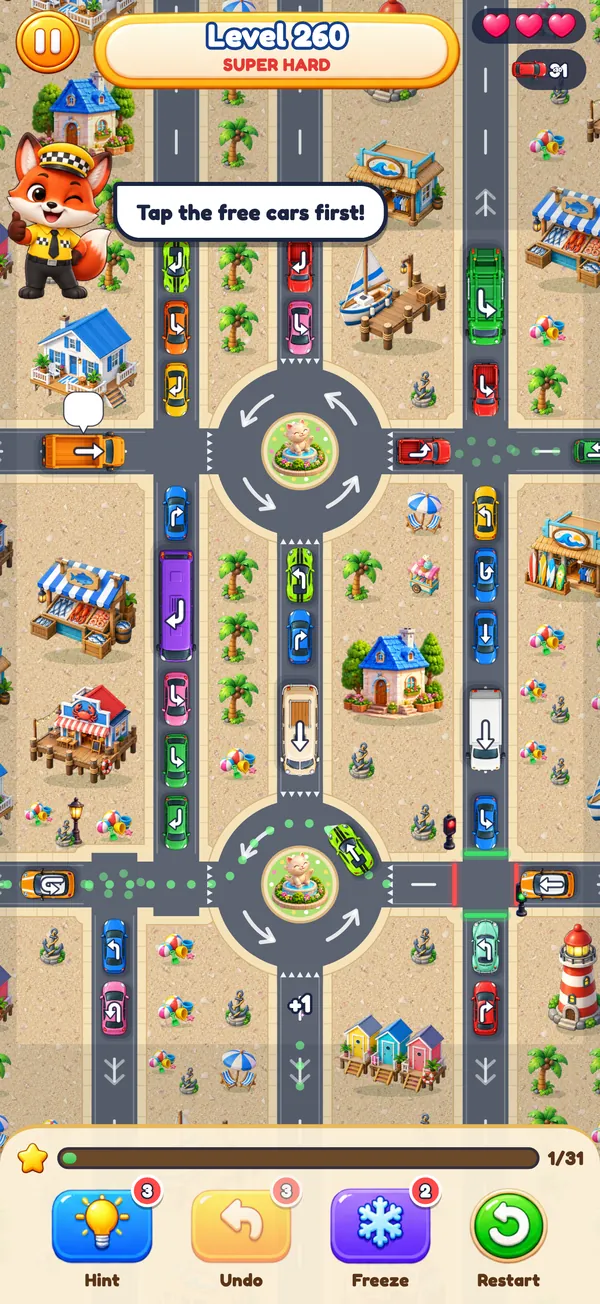 Level 260 in Roundabout City: two roundabouts, palm trees and a jam of 31 cars
