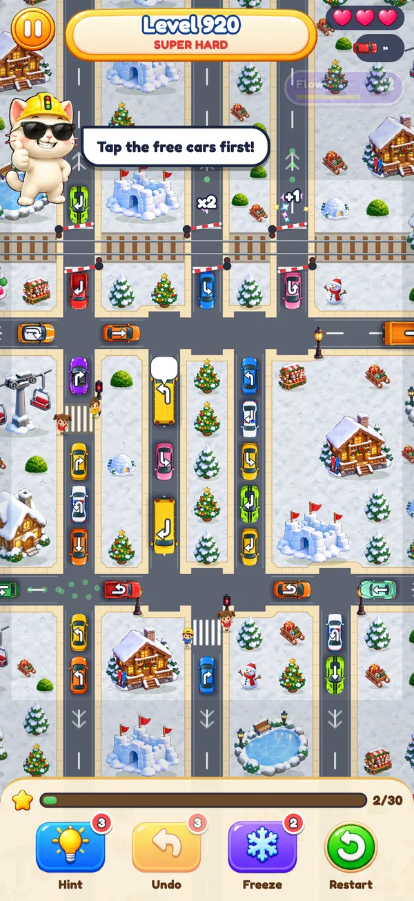 Level 920 in a snowy district with a railway crossing and a passing train