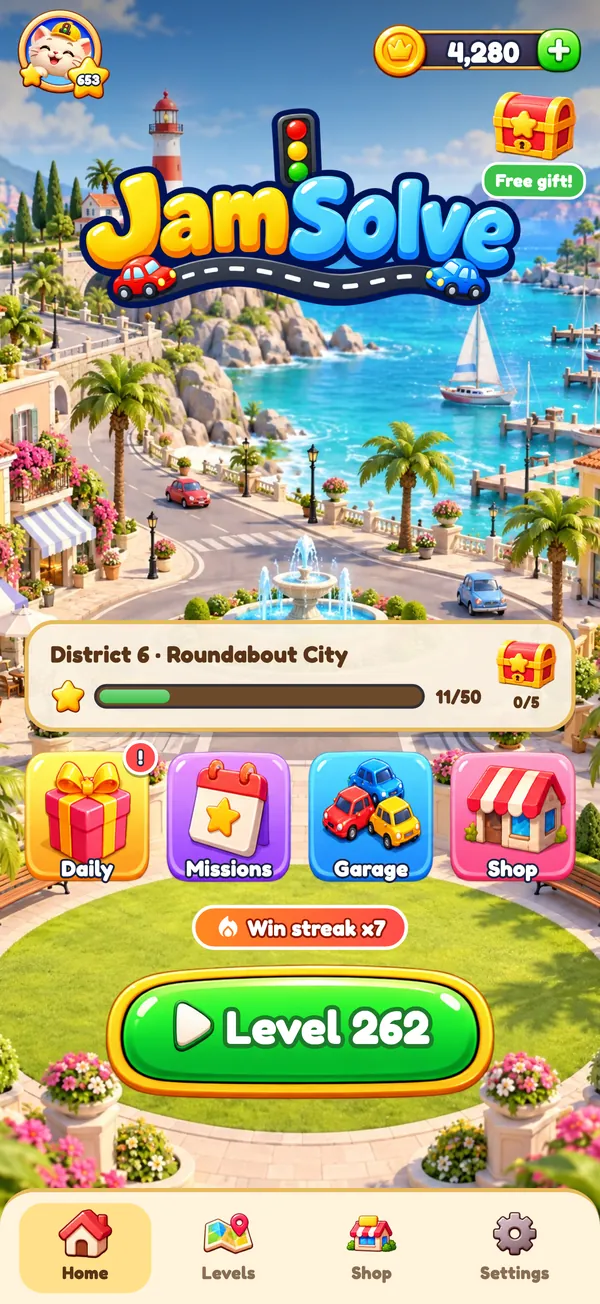JamSolve home screen with district progress, daily gift, missions, garage and shop